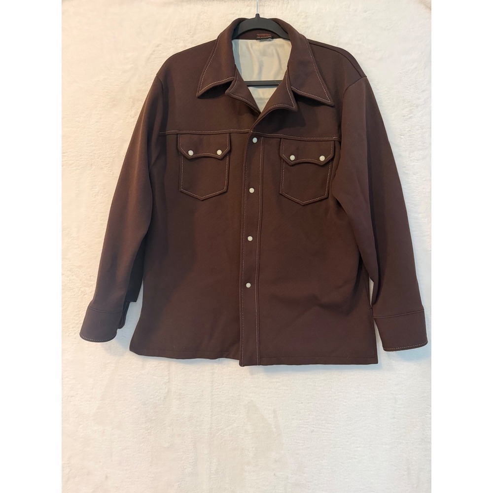 Big Yank Vintage 70s Western Shirt Jacket Mens Large Brown Polyester Pearl Snap